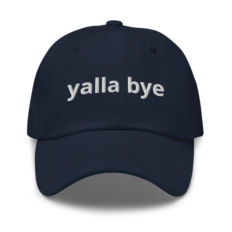Yalla Bye embroidered dad hat in navy, front view, Arabic slogan cap by BOSA