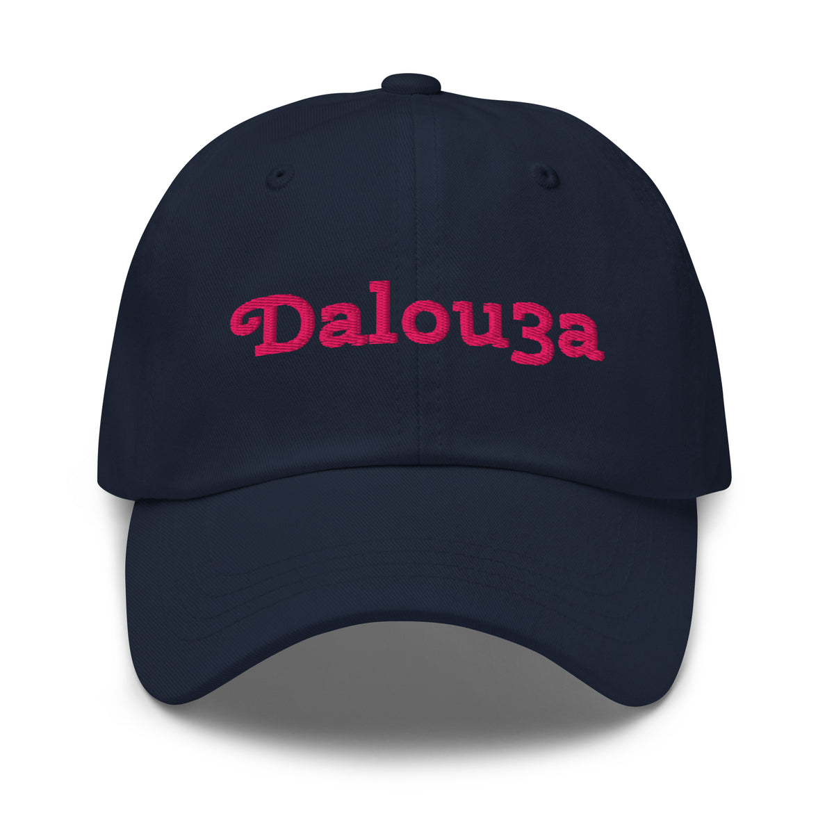 Dalou3a embroidered dad hat in navy, front view, Arabic slogan cap by BOSA