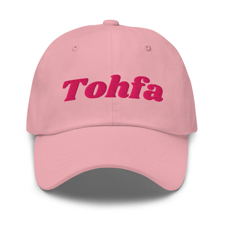 Tohfa embroidered dad hat in pink, front view, Arabic slogan cap by BOSA