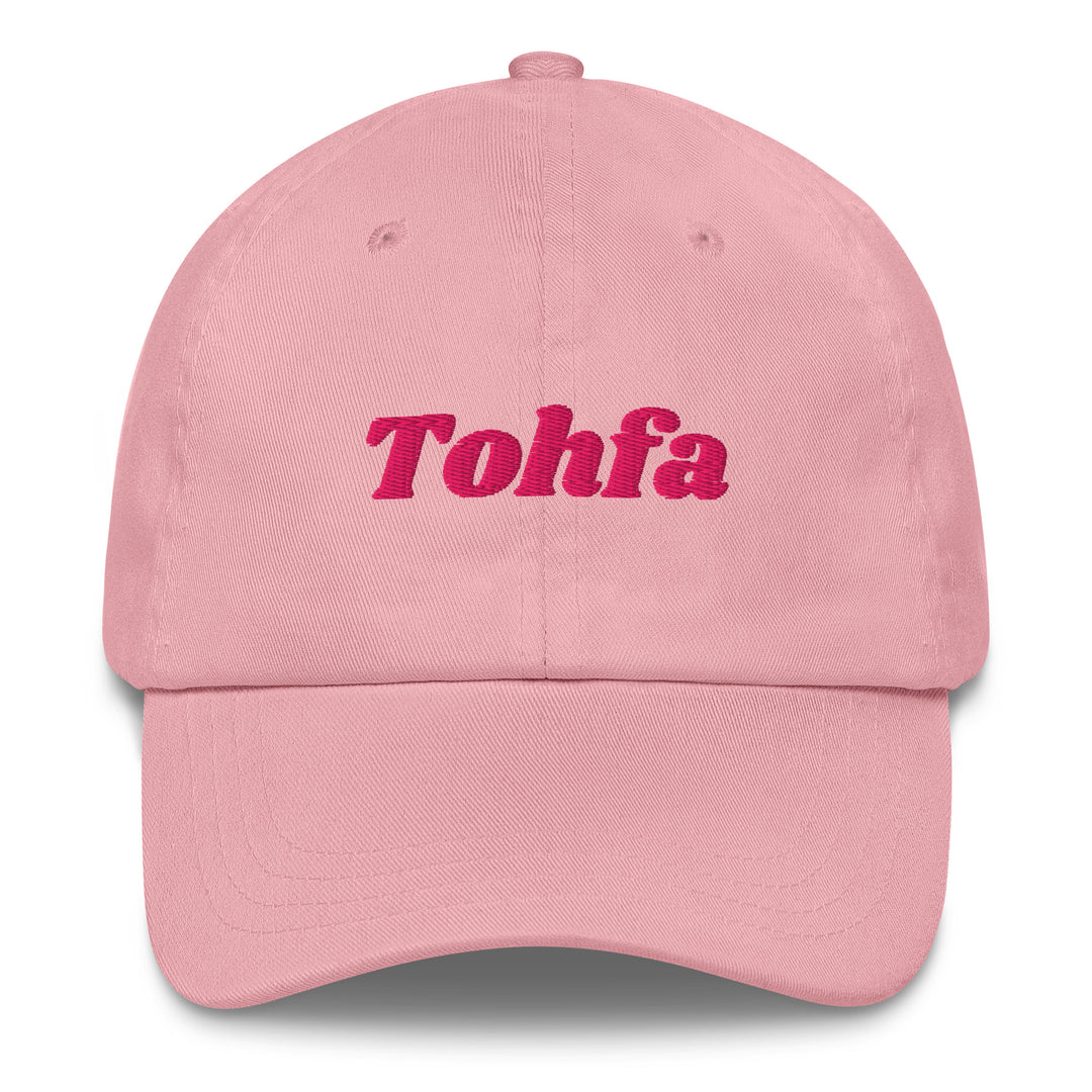 Tohfa embroidered dad hat in pink, front view, Arabic slogan cap by BOSA