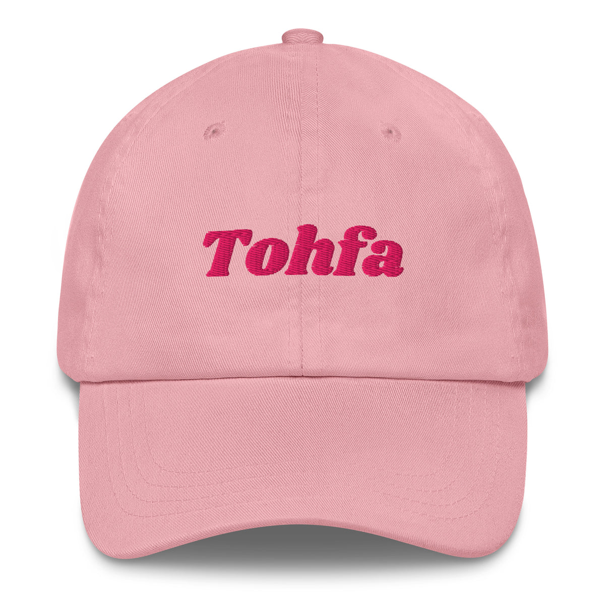 Tohfa embroidered dad hat in pink, front view, Arabic slogan cap by BOSA