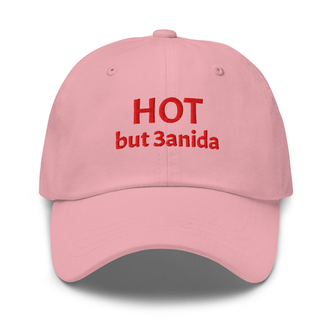 Hot but 3anida embroidered dad hat in pink, front view, Arabic slogan cap by BOSA