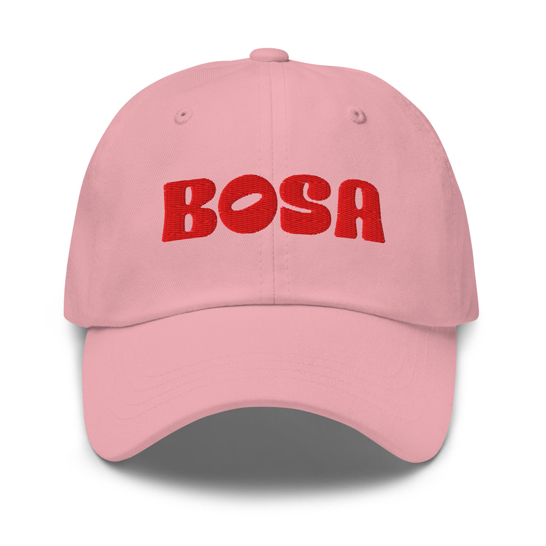 BOSA embroidered logo dad hat in pink, front view, Arab streetwear cap by BOSA