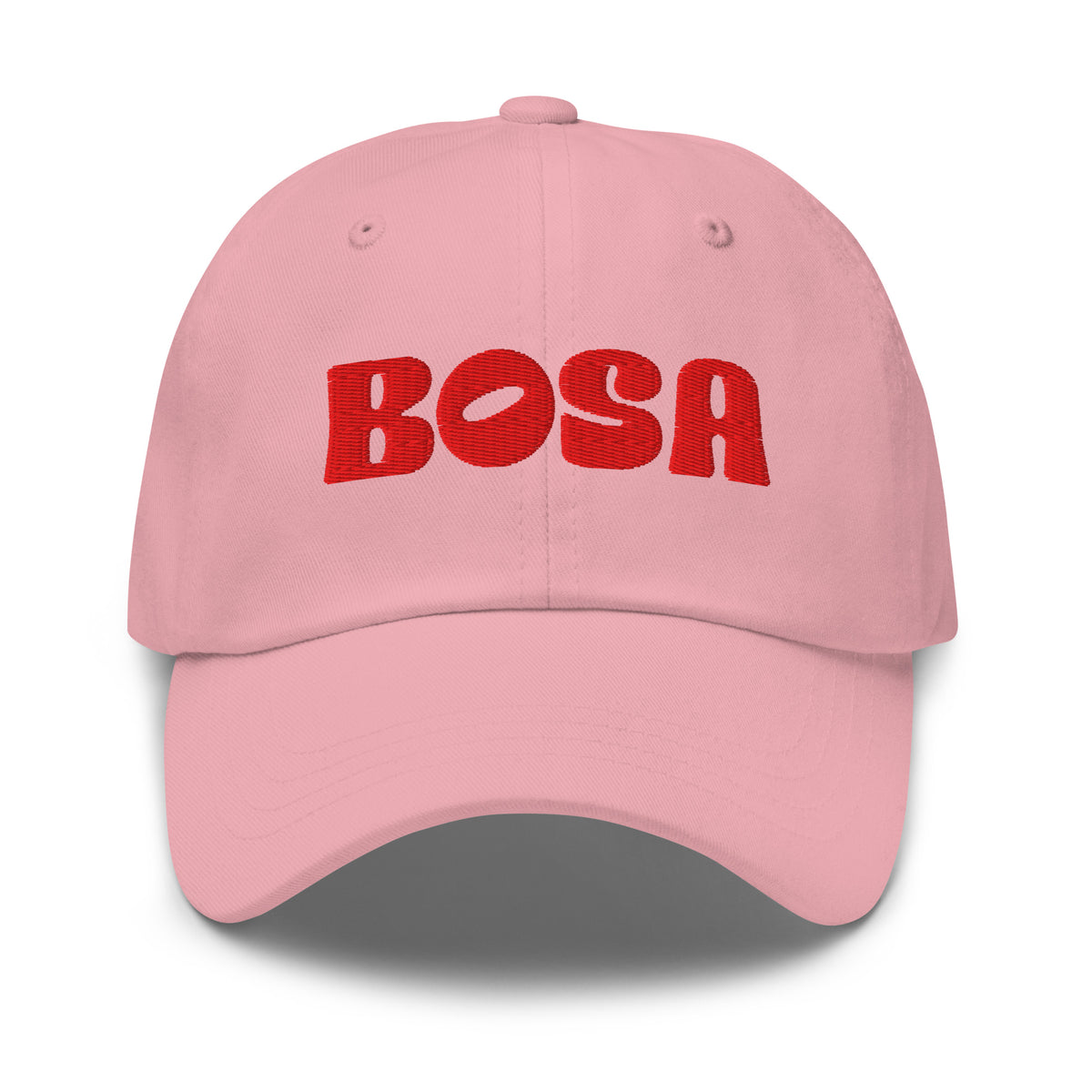 BOSA embroidered logo dad hat in pink, front view, Arab streetwear cap by BOSA
