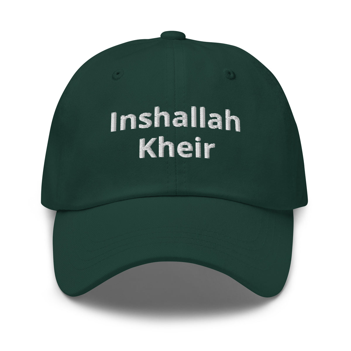 Inshallah Kheir embroidered dad hat in spruce green, front view, Arabic slogan cap by BOSA