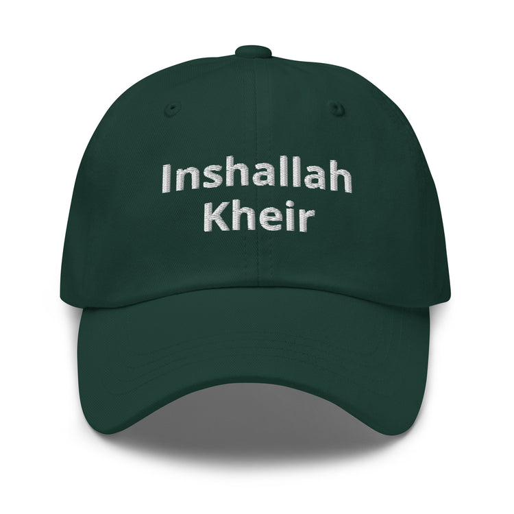 Inshallah Kheir embroidered dad hat in spruce green, front view, Arabic slogan cap by BOSA