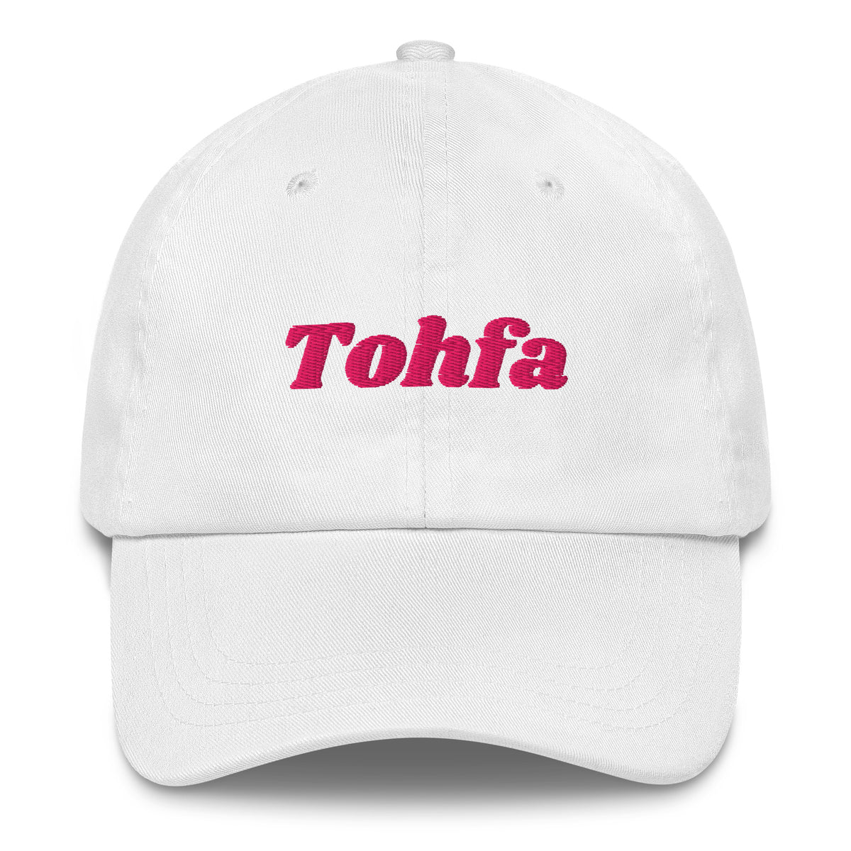 Tohfa embroidered dad hat in white, front view, Arabic slogan cap by BOSA