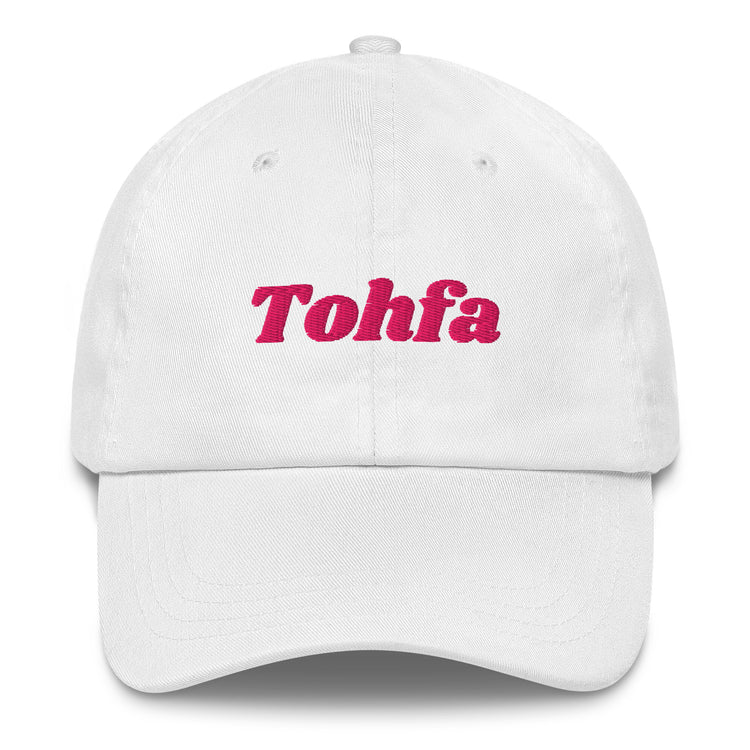 Tohfa embroidered dad hat in white, front view, Arabic slogan cap by BOSA
