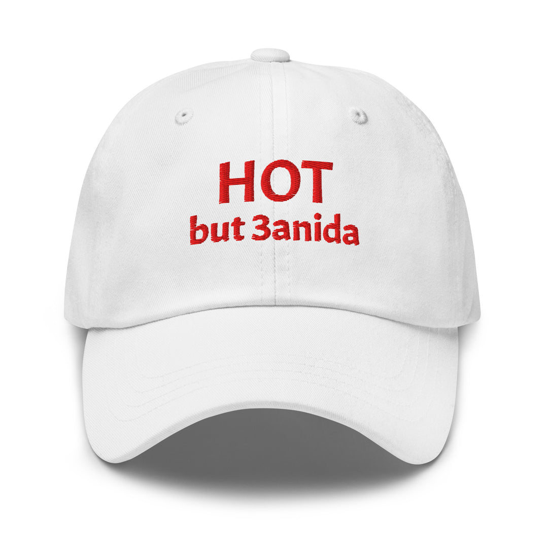 Hot but 3anida embroidered dad hat in white, front view, Arabic slogan cap by BOSA