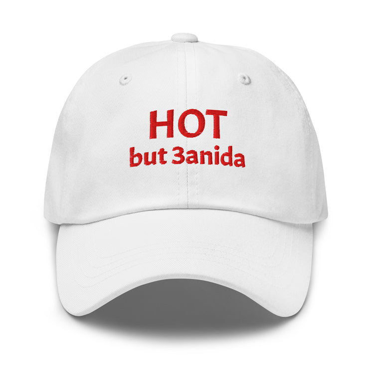 Hot but 3anida embroidered dad hat in white, front view, Arabic slogan cap by BOSA