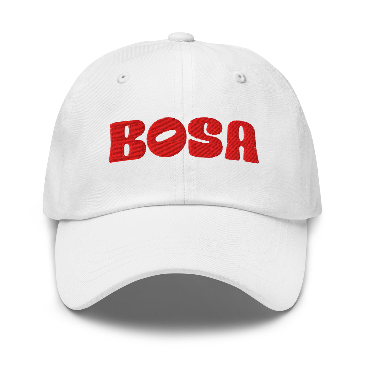 BOSA embroidered logo dad hat in white, front view, Arab streetwear cap by BOSA