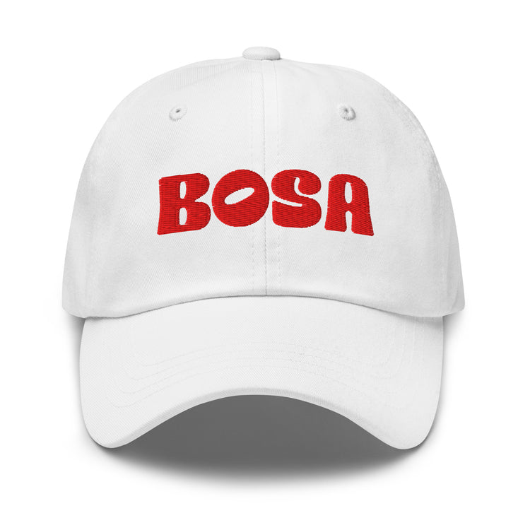 BOSA embroidered logo dad hat in white, front view, Arab streetwear cap by BOSA