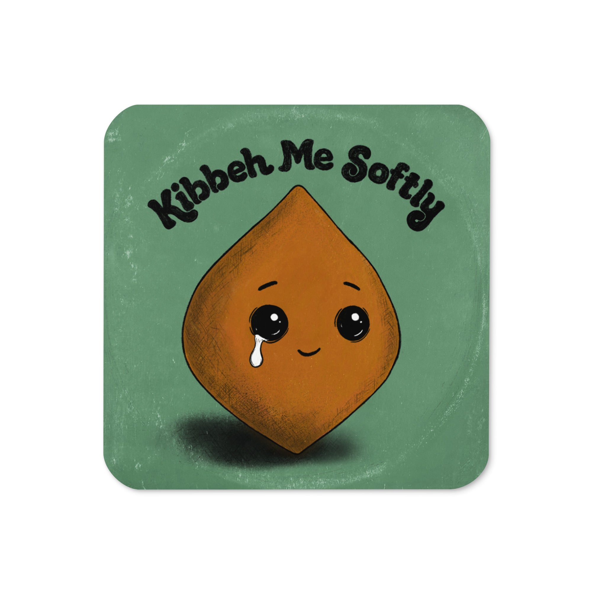 Kibbeh Me Softly cork-back coaster in green, featuring an illustrated kibbeh character