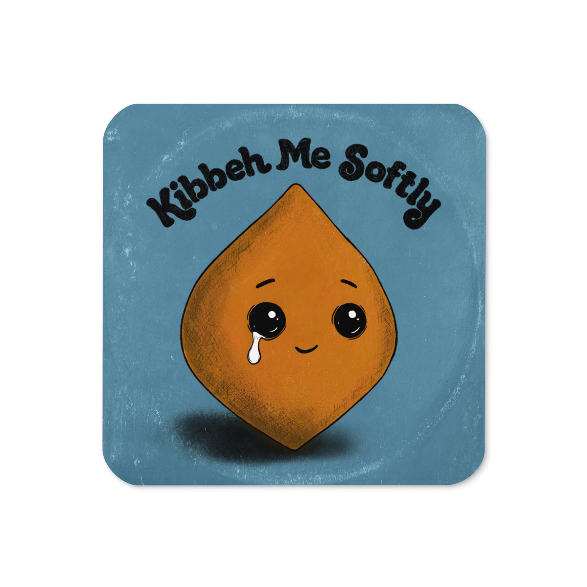 Kibbeh Me Softly cork-back coaster in blue, featuring an illustrated kibbeh character