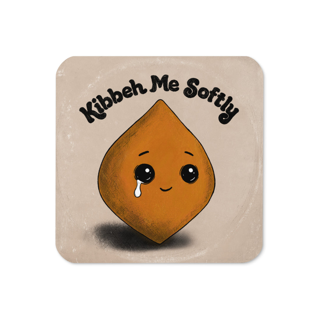 Kibbeh Me Softly cork-back coaster in beige, featuring an illustrated kibbeh character