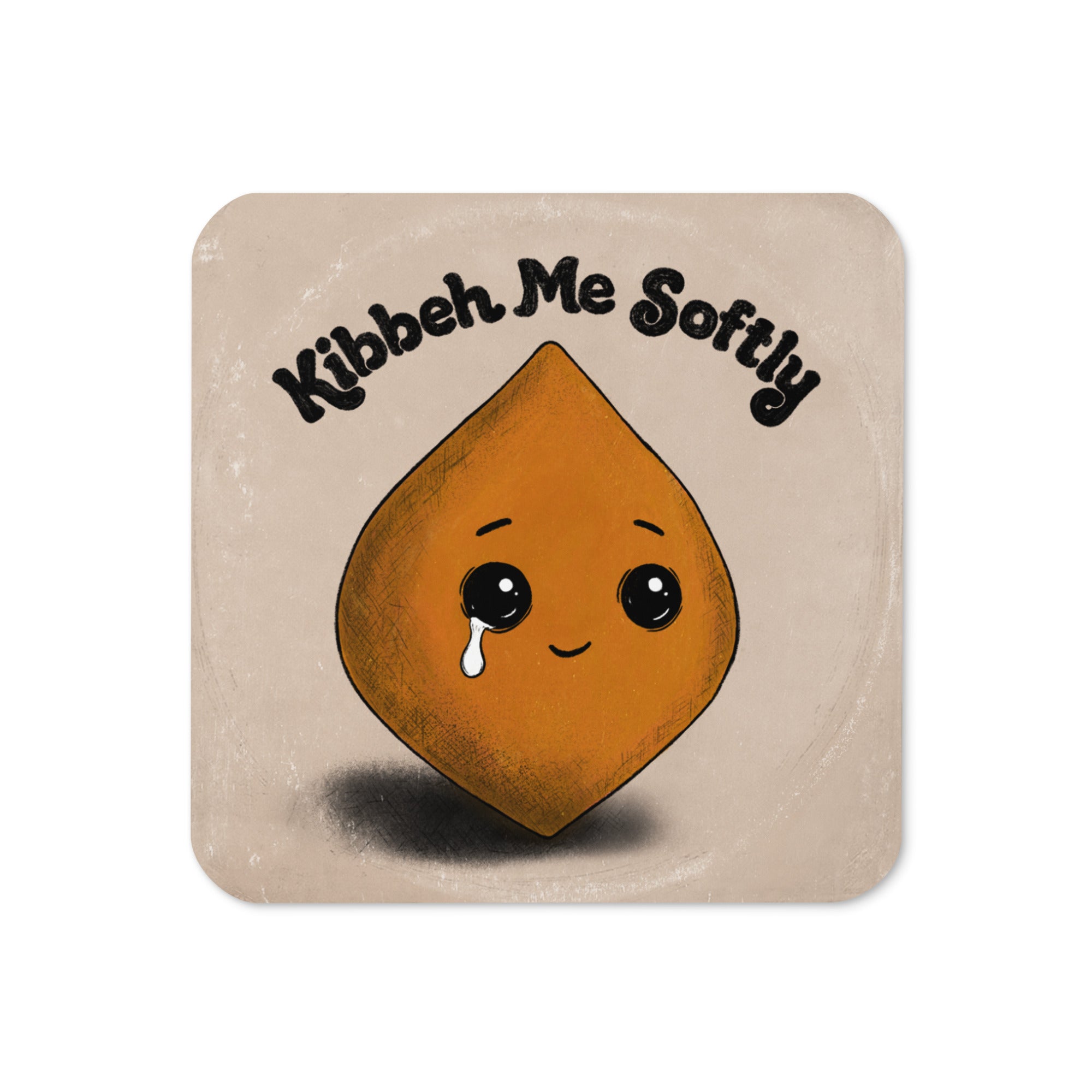 Kibbeh Me Softly cork-back coaster in beige, featuring an illustrated kibbeh character