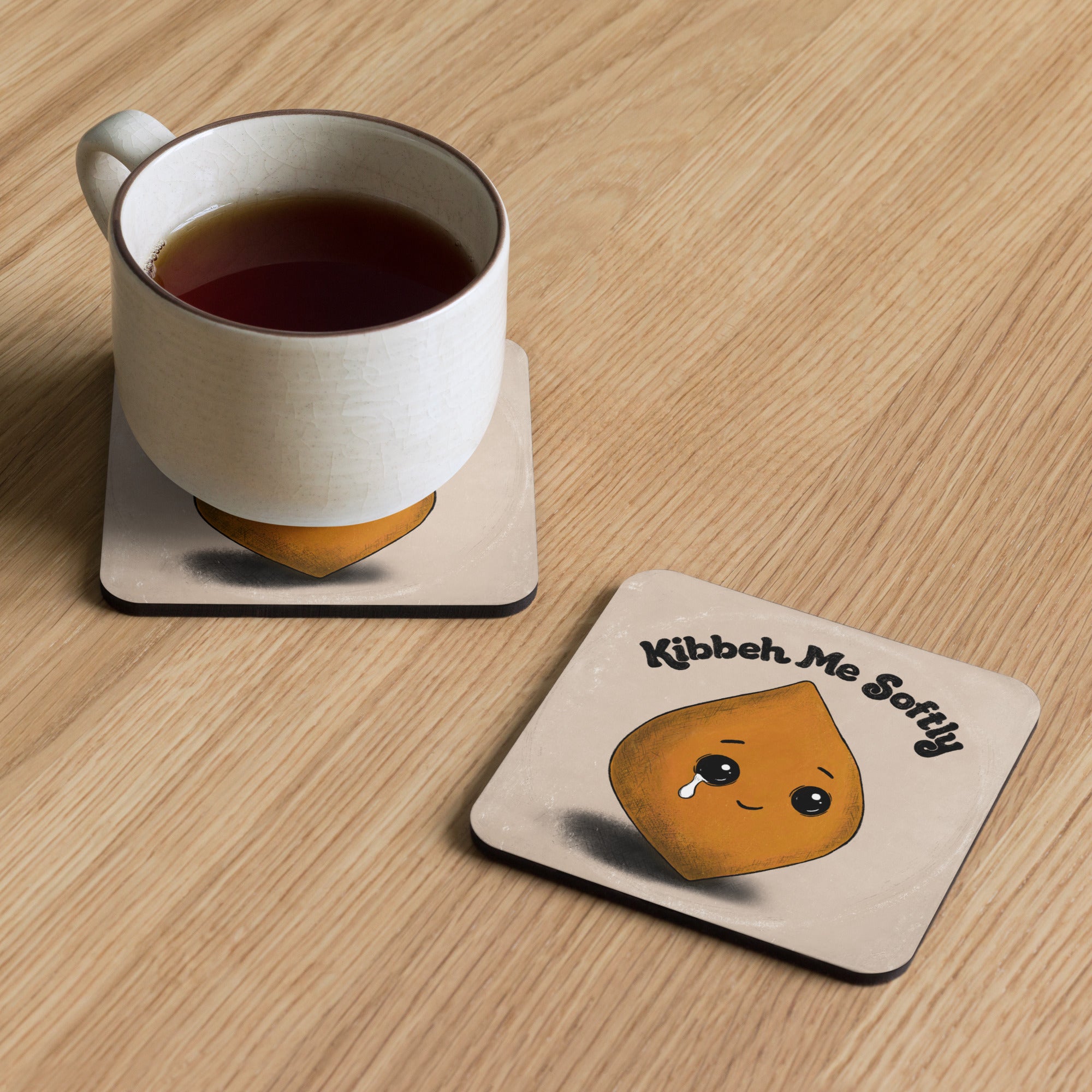 Kibbeh Me Softly cork-back coaster in beige, alternate view
