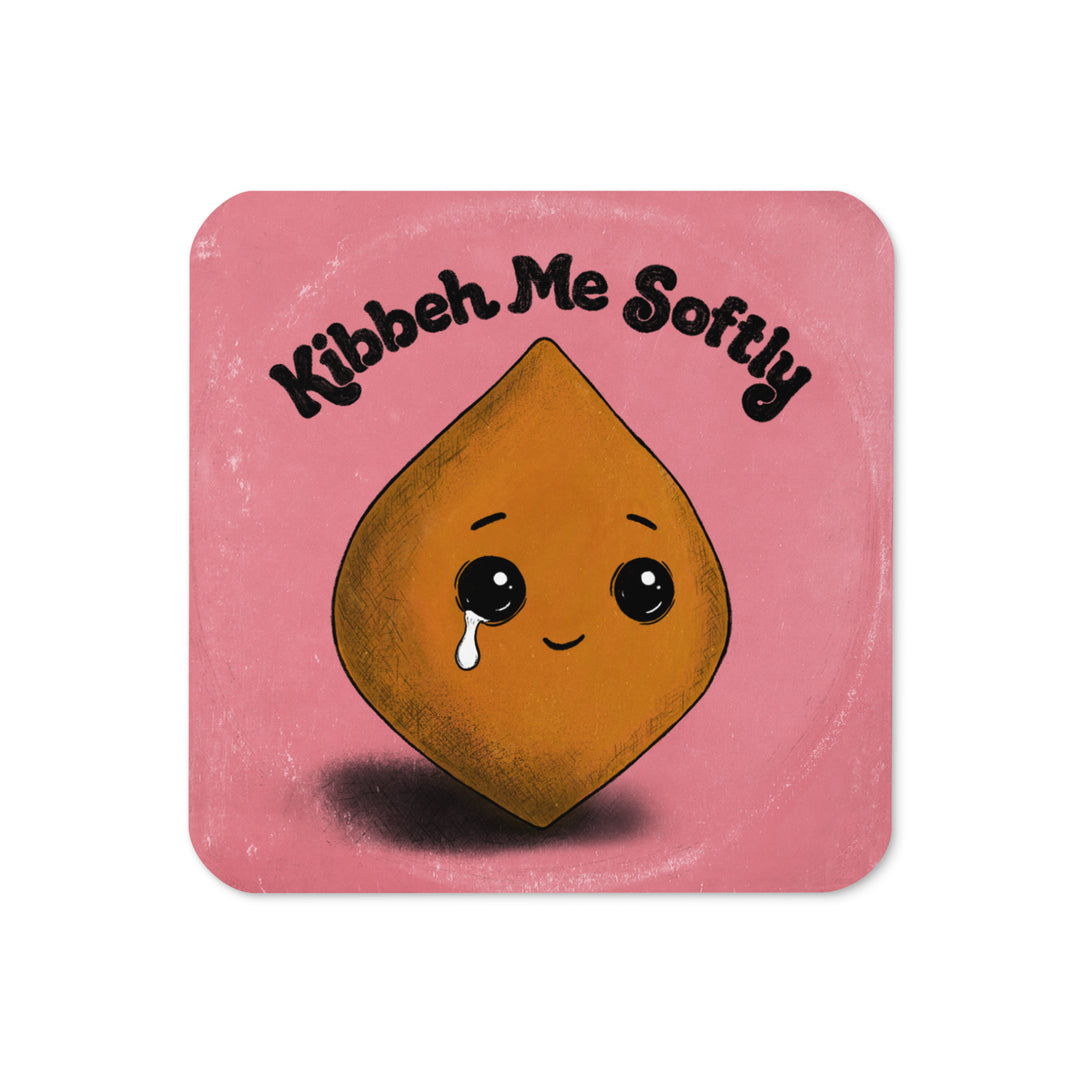 Kibbeh Me Softly cork-back coaster in pink, featuring an illustrated kibbeh character