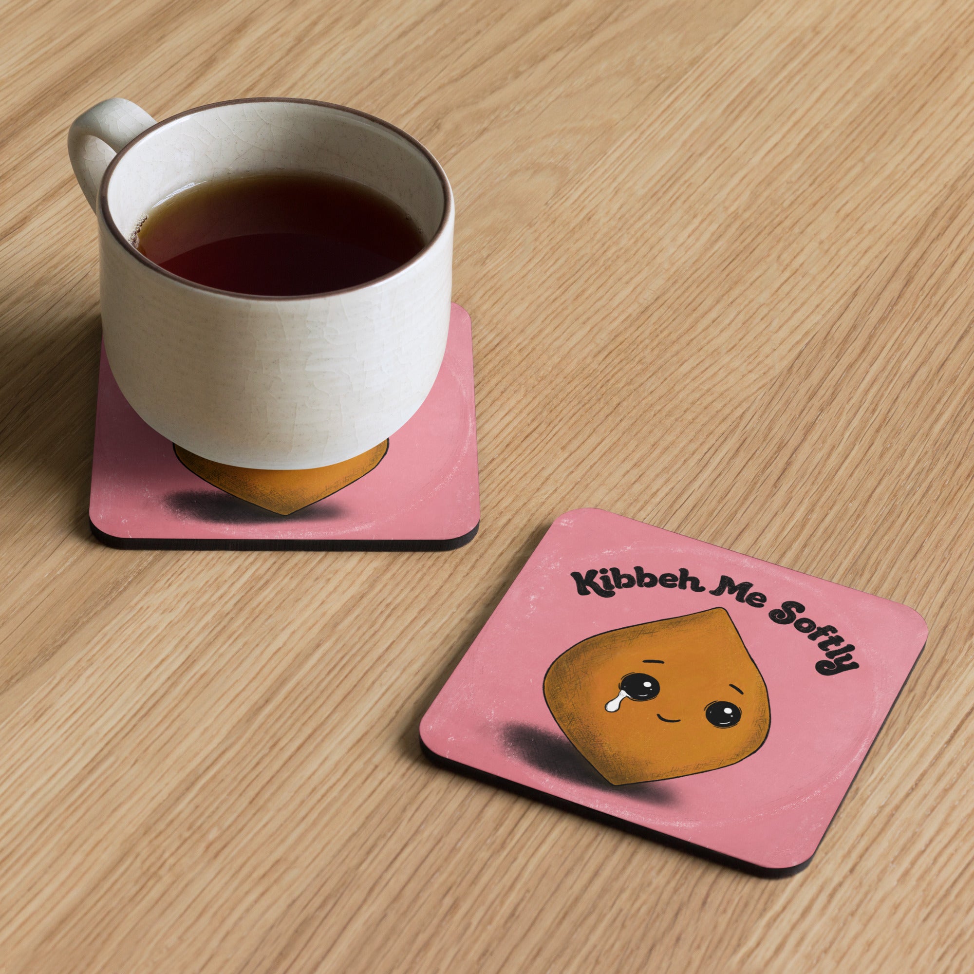 Kibbeh Me Softly cork-back coaster in pink, alternate view