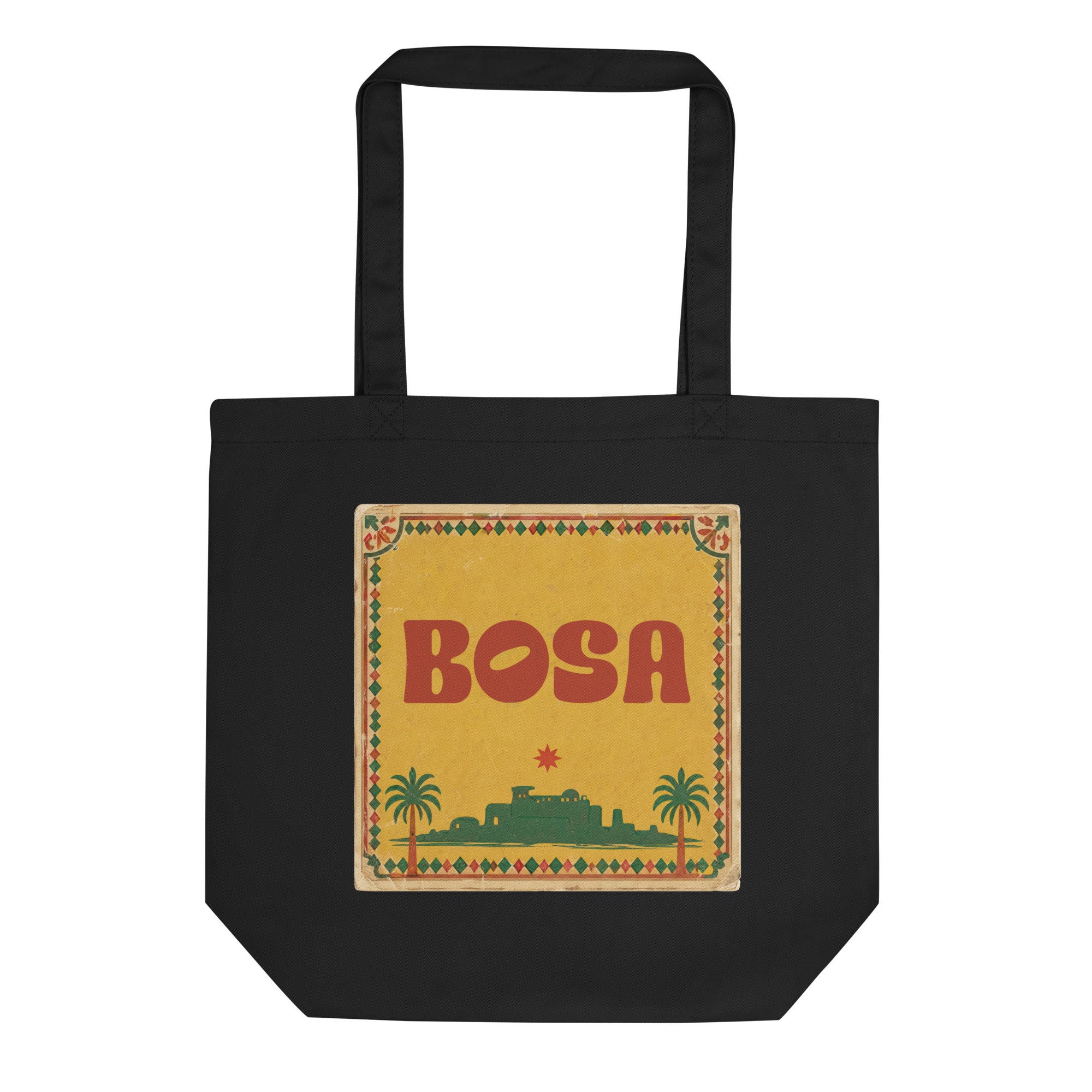 BOSA eco tote bag in black, styled view, Arabic design accessory by BOSA
