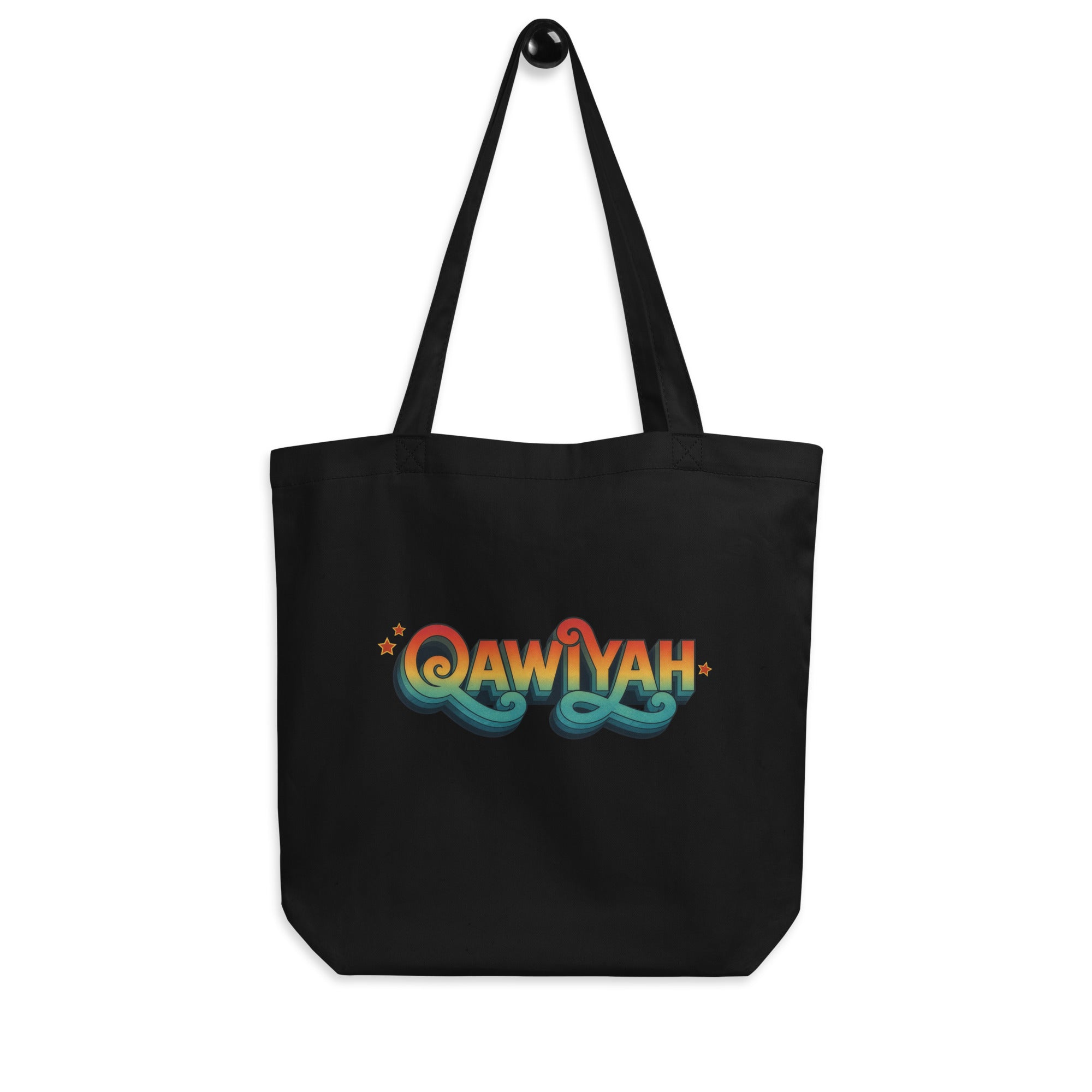 Qawiyah eco tote bag in black, front view, strong woman accessory by BOSA