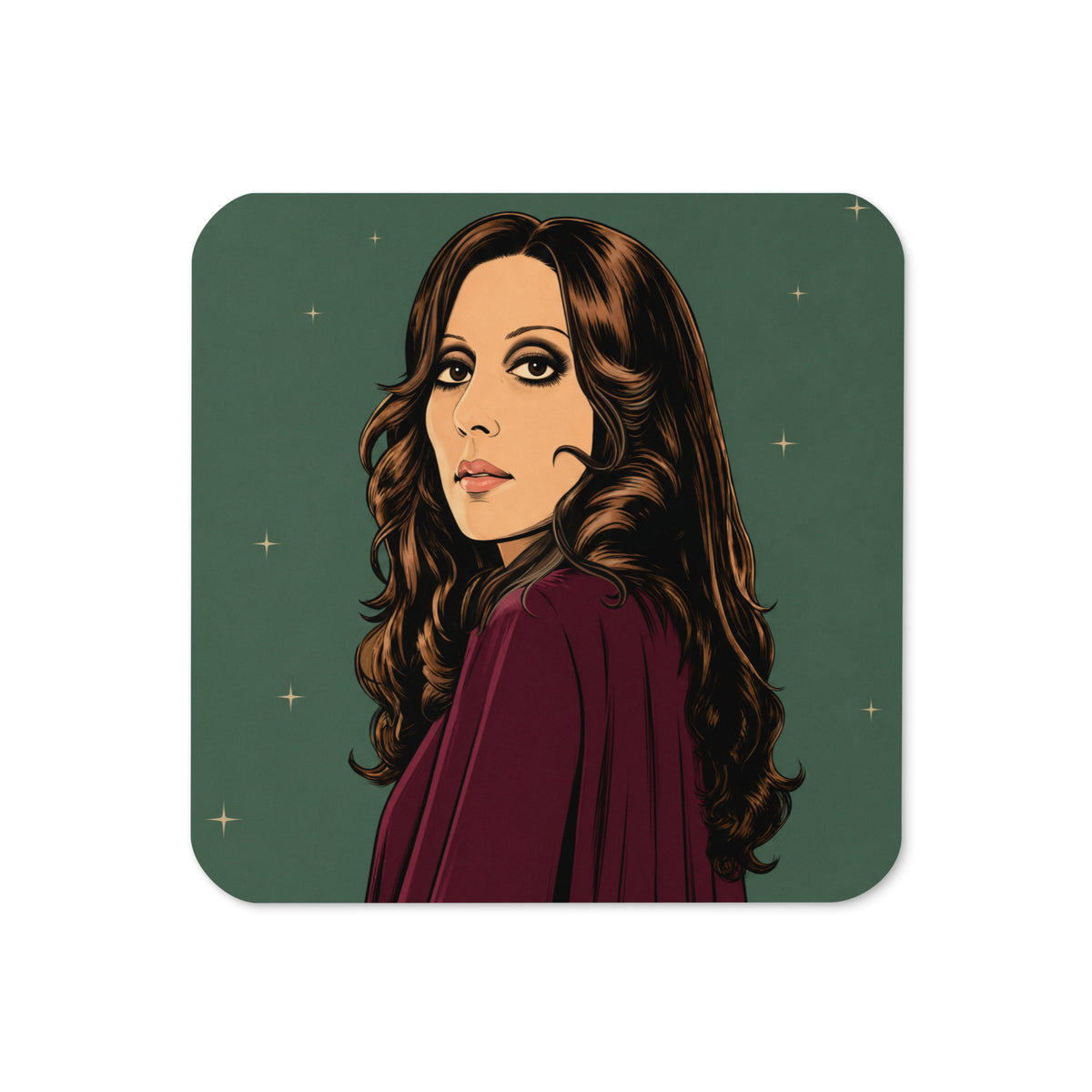 Fairuz cork-back coaster, Arab music legend illustration by BOSA