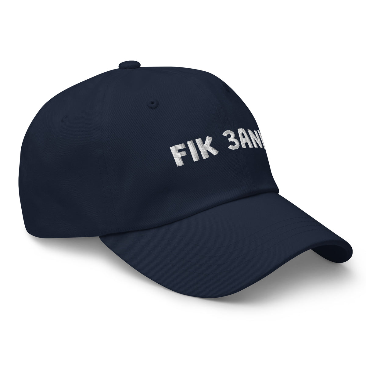 Fik 3ani embroidered dad hat in navy, side angle, Arabic slogan cap by BOSA
