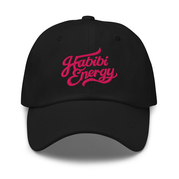 Habibi Energy embroidered dad hat in black, front view, Arabic slogan cap by BOSA