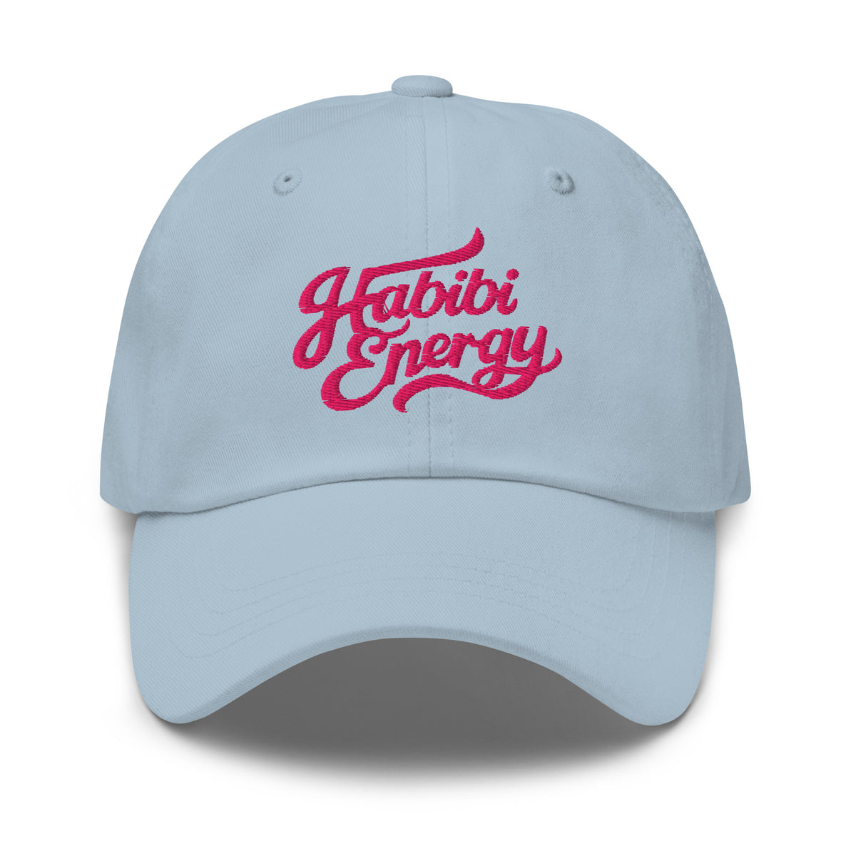 Habibi Energy embroidered dad hat in light blue, front view, Arabic slogan cap by BOSA