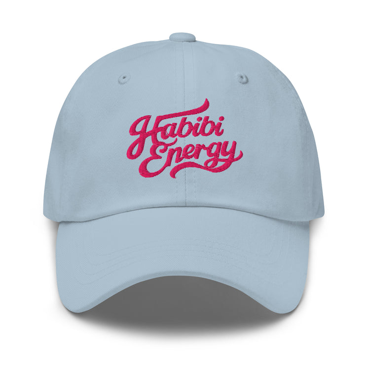 Habibi Energy embroidered dad hat in light blue, front view, Arabic slogan cap by BOSA