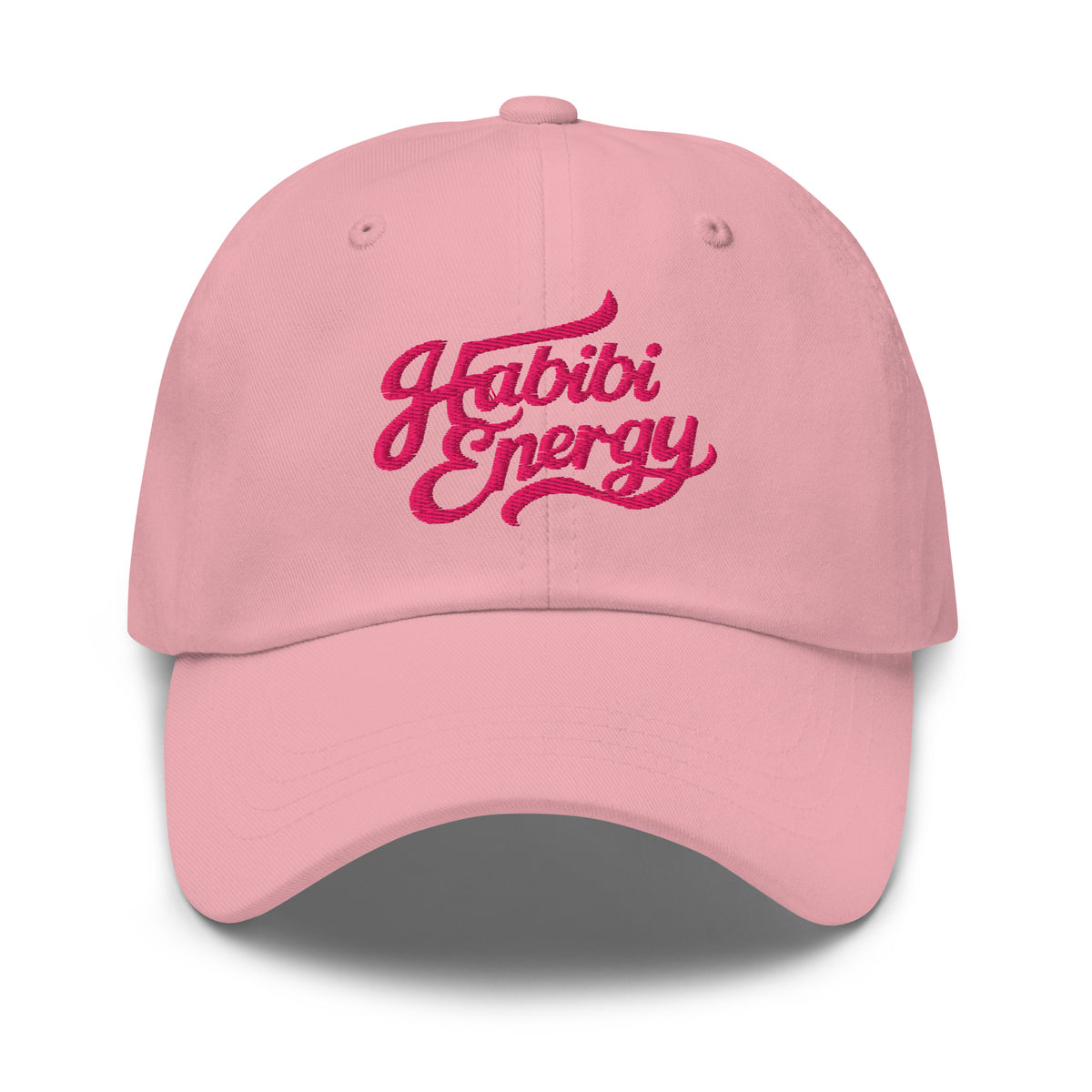 Habibi Energy embroidered dad hat in pink, front view, Arabic slogan cap by BOSA