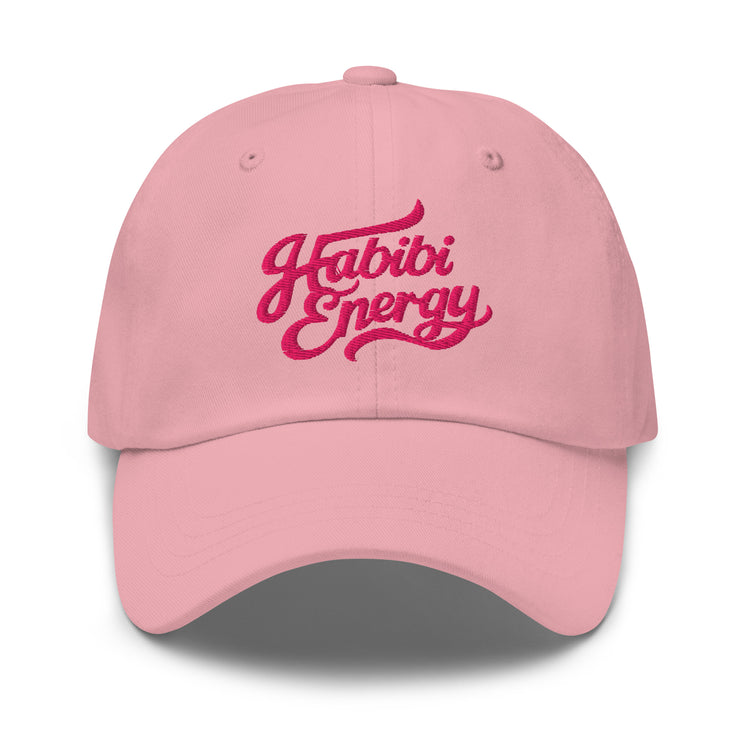 Habibi Energy embroidered dad hat in pink, front view, Arabic slogan cap by BOSA