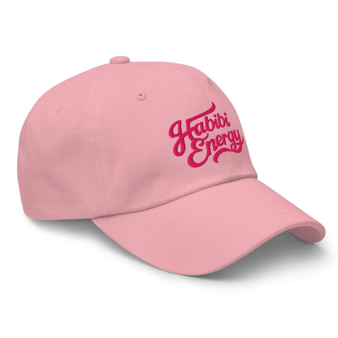 Habibi Energy embroidered dad hat in pink, side angle, Arabic slogan cap by BOSA