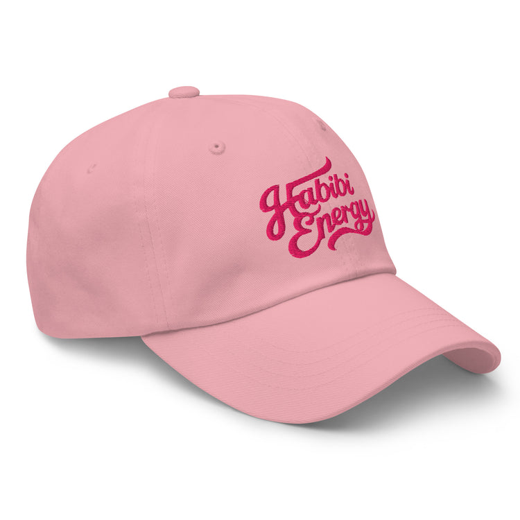Habibi Energy embroidered dad hat in pink, side angle, Arabic slogan cap by BOSA