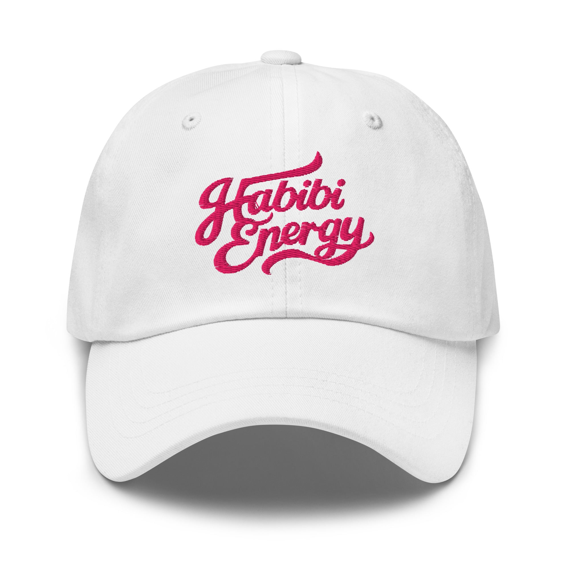 Habibi Energy embroidered dad hat in white, front view, Arabic slogan cap by BOSA