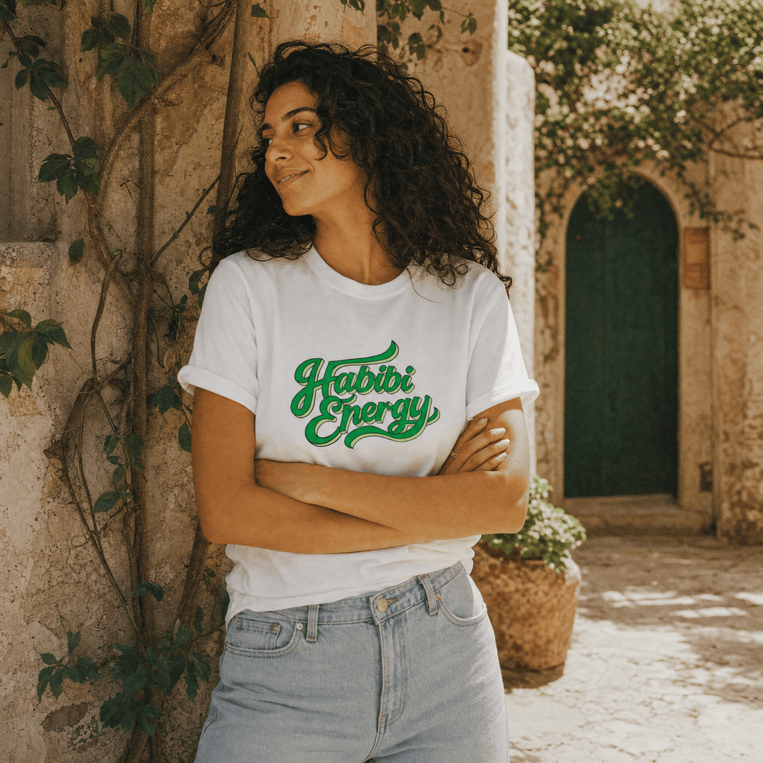 Habibi Energy heavyweight unisex t-shirt print detail, Arabic slogan streetwear by BOSA