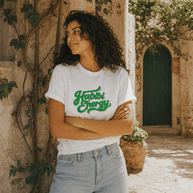 Habibi Energy heavyweight unisex t-shirt print detail, Arabic slogan streetwear by BOSA