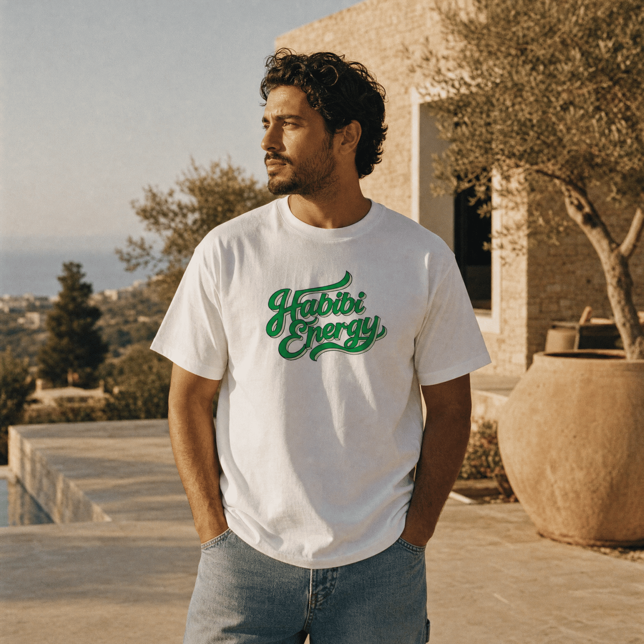 Model wearing Habibi Energy heavyweight unisex t-shirt, Arabic slogan streetwear by BOSA