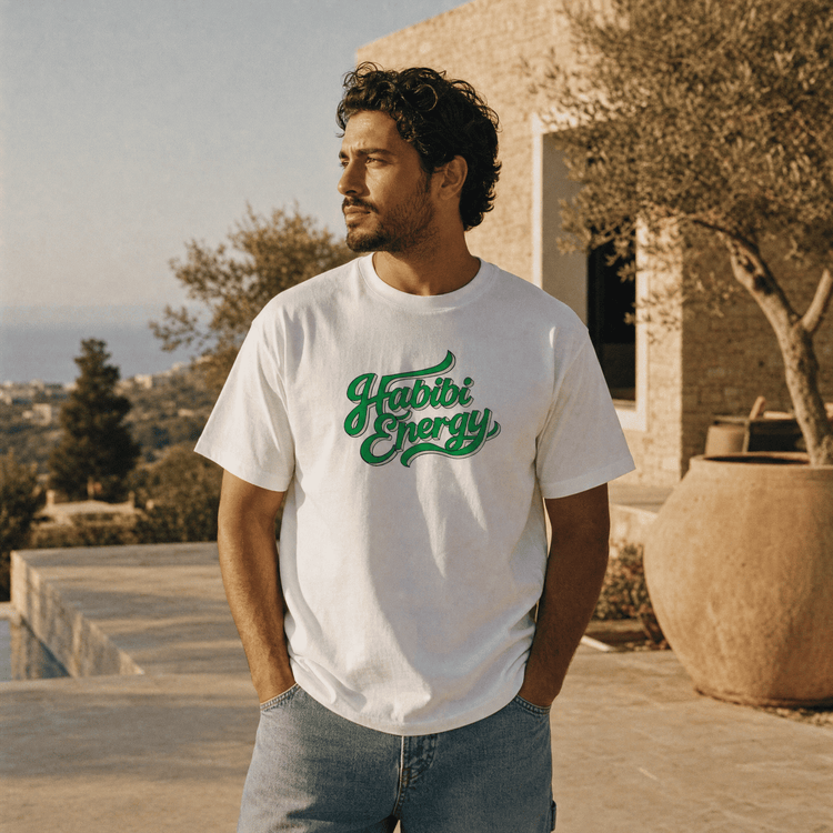 Model wearing Habibi Energy heavyweight unisex t-shirt, Arabic slogan streetwear by BOSA