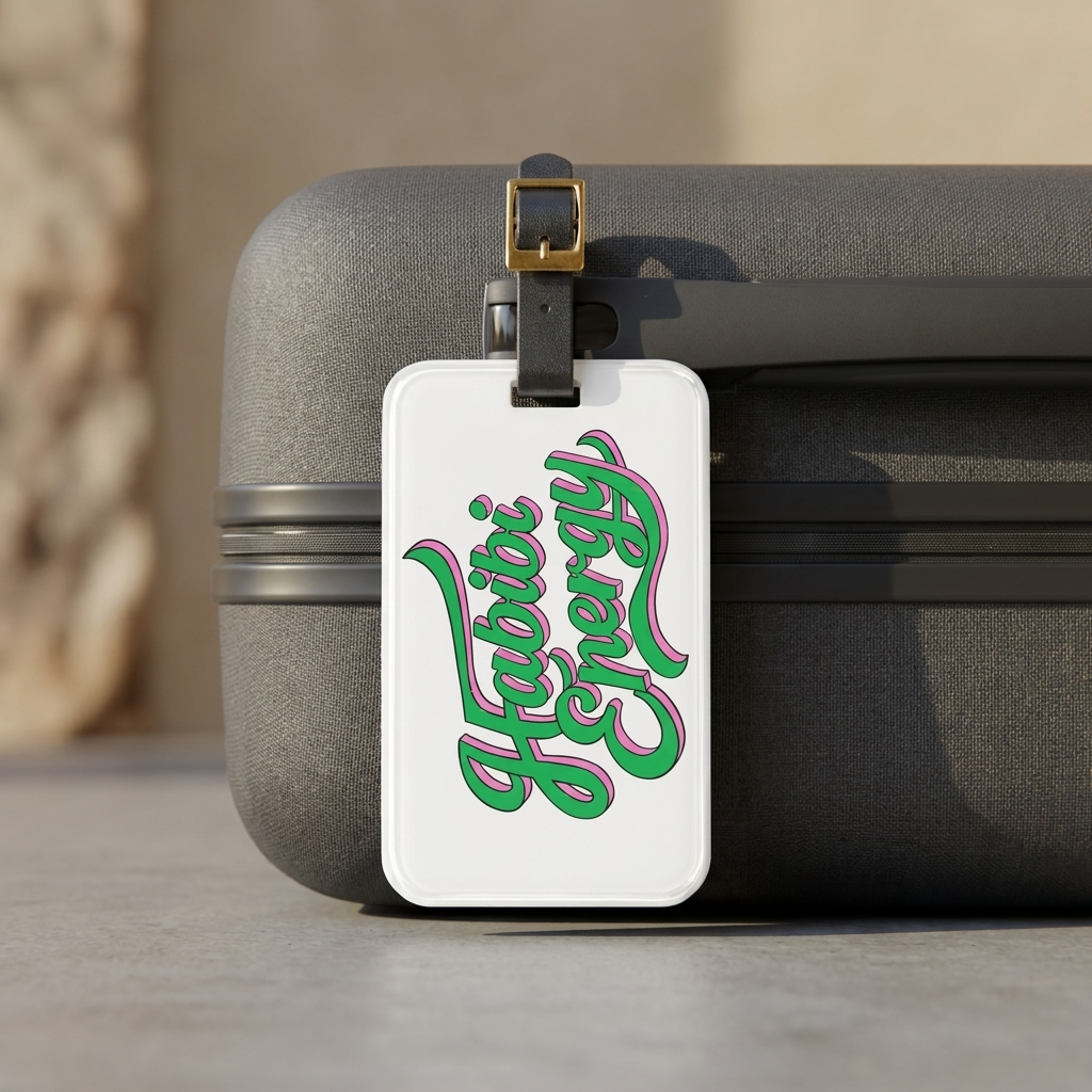 Habibi Energy luggage tag, Arabic slogan travel accessory by BOSA
