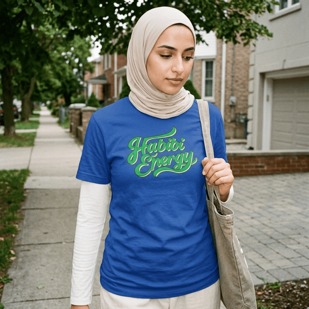 Model wearing Habibi Energy short sleeve t-shirt, side angle, Arabic slogan streetwear by BOSA