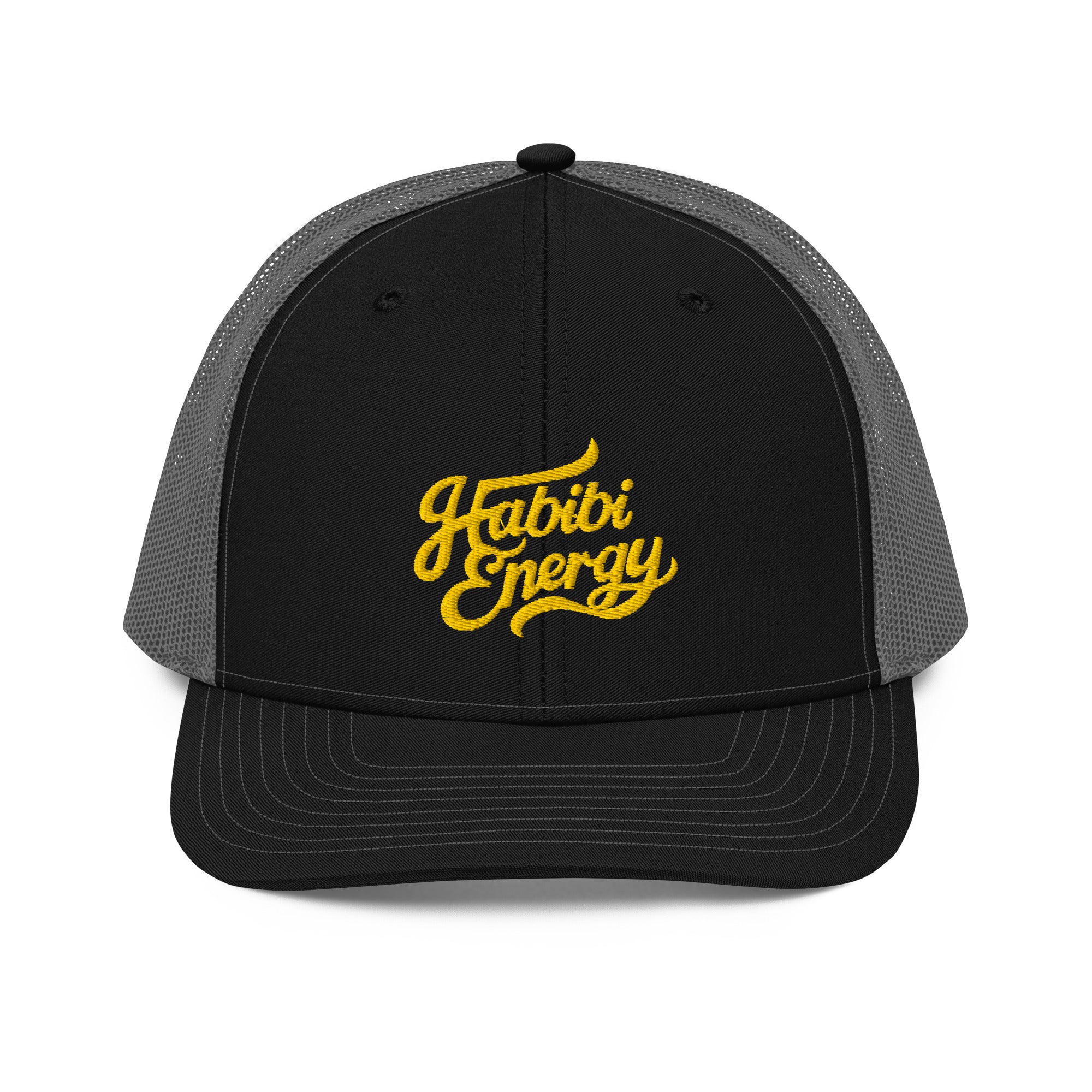 Habibi Energy snapback trucker cap in black and charcoal, front view, Arabic slogan cap by BOSA