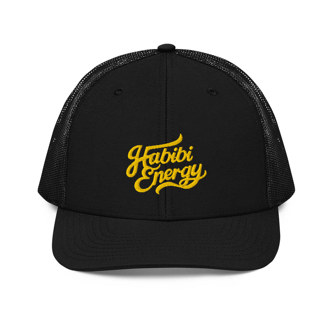 Habibi Energy snapback trucker cap in black, front view, Arabic slogan cap by BOSA
