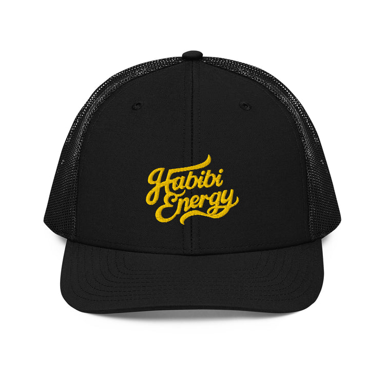 Habibi Energy snapback trucker cap in black, front view, Arabic slogan cap by BOSA