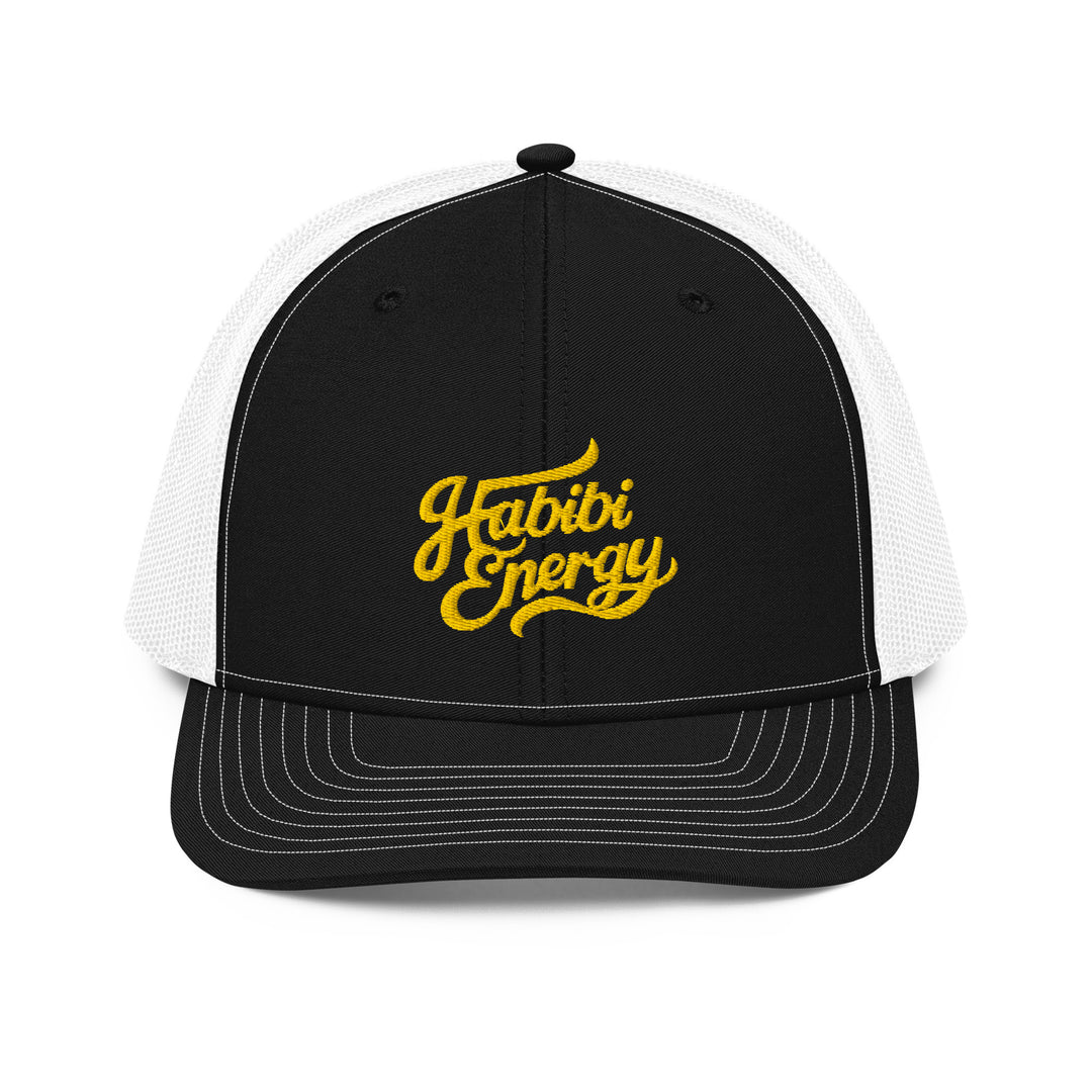 Habibi Energy snapback trucker cap in black and white, front view, Arabic slogan cap by BOSA
