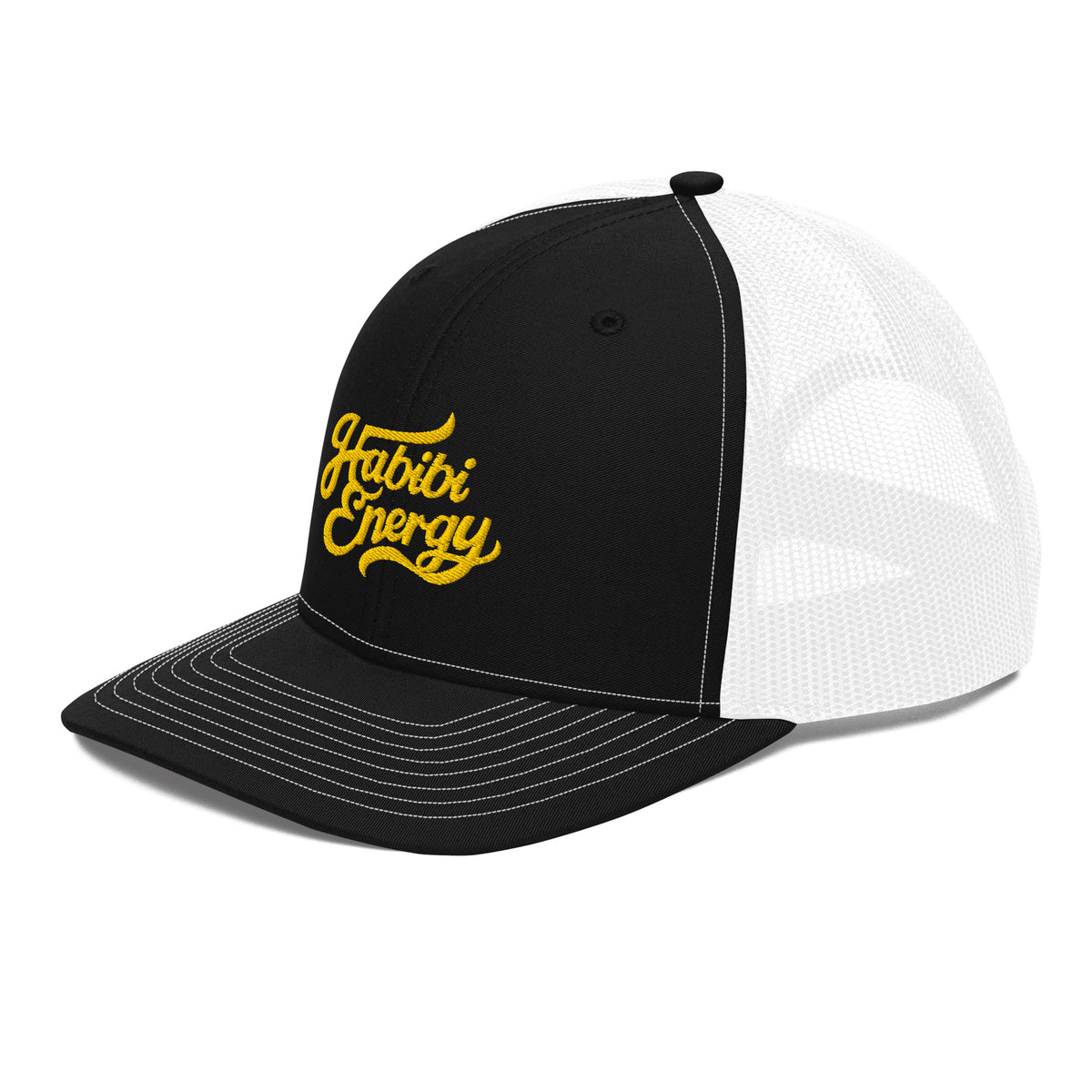 Habibi Energy snapback trucker cap in black and white, side angle, Arabic slogan cap by BOSA