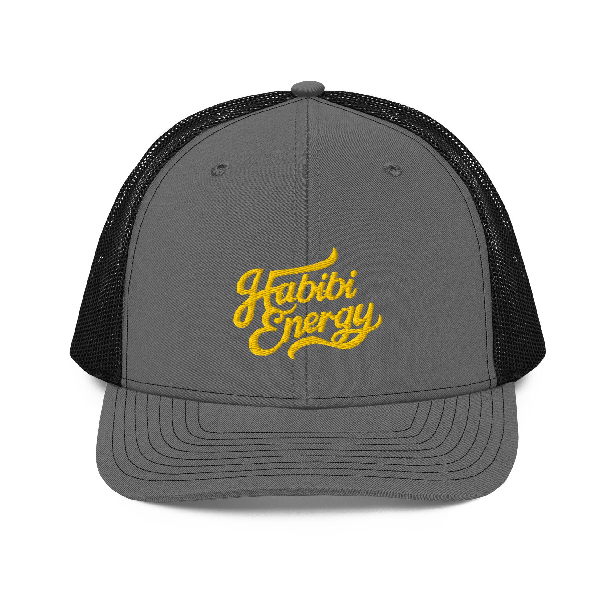 Habibi Energy snapback trucker cap in charcoal and black, front view, Arabic slogan cap by BOSA