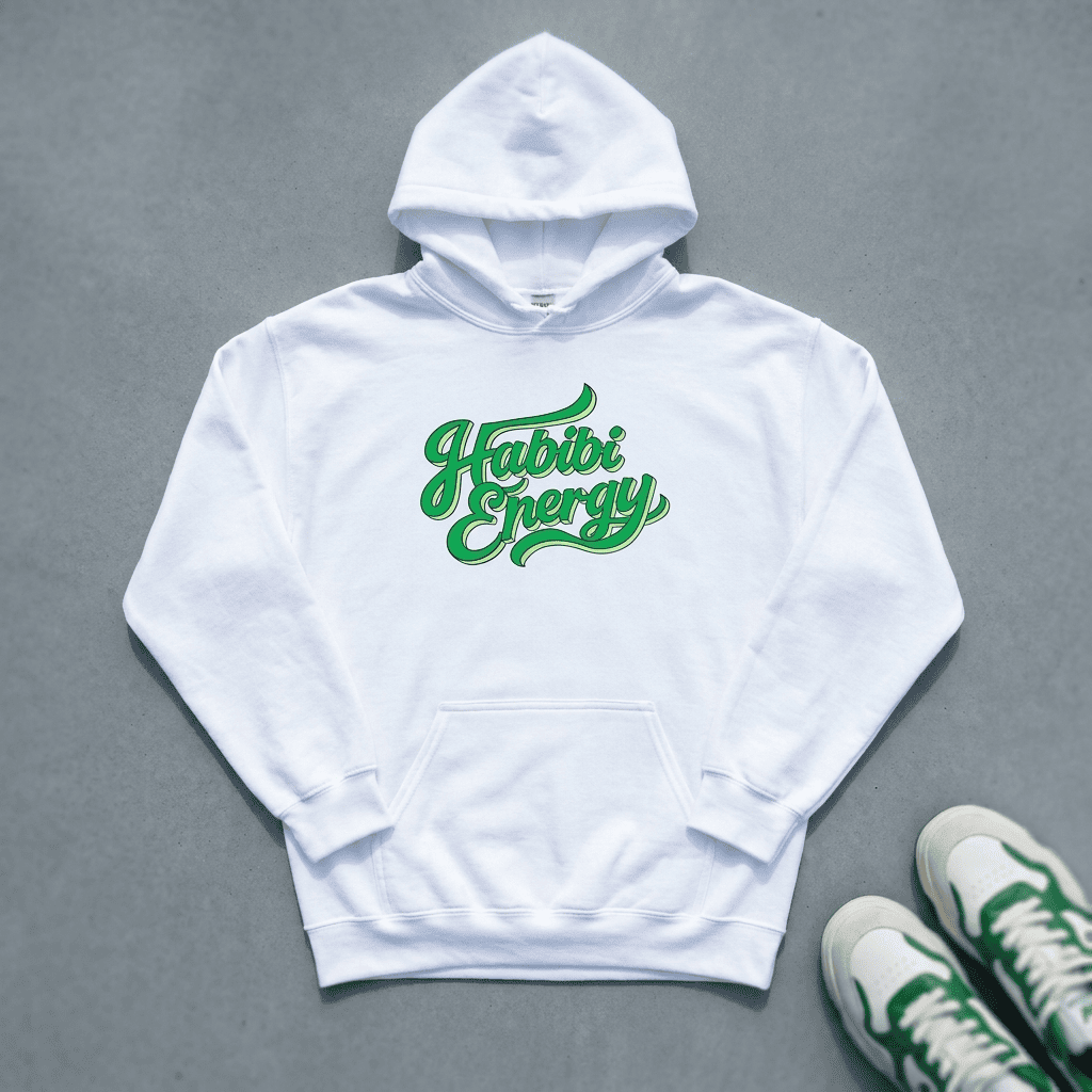 Habibi Energy unisex hoodie print detail, Arabic slogan streetwear by BOSA