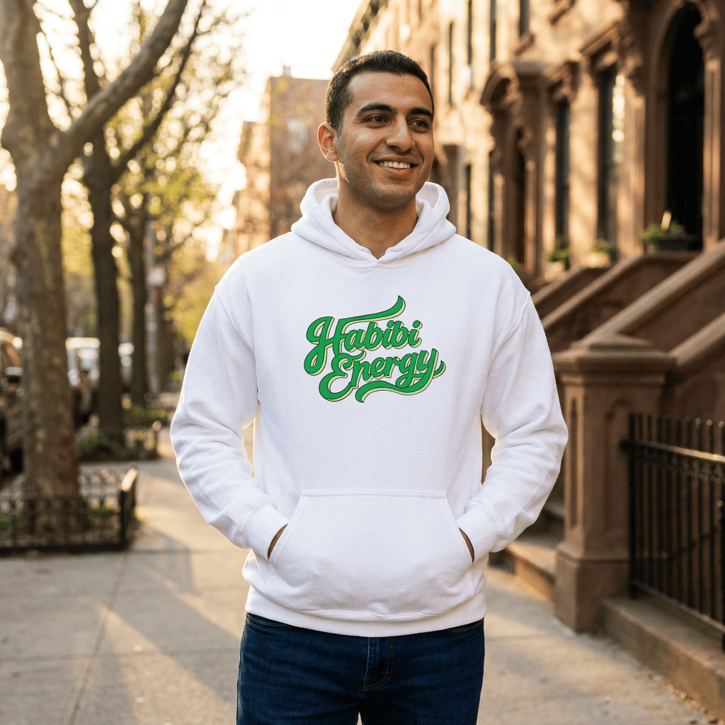 Model wearing Habibi Energy unisex hoodie, Arabic slogan streetwear by BOSA