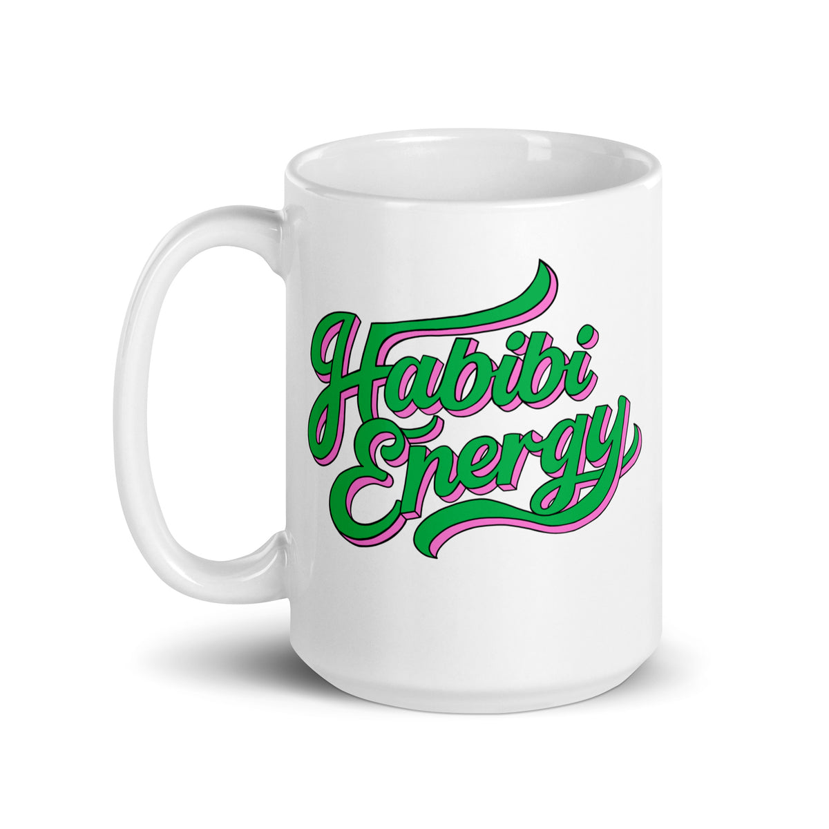 Habibi Energy white glossy mug, 15 oz, Arabic slogan gift by BOSA